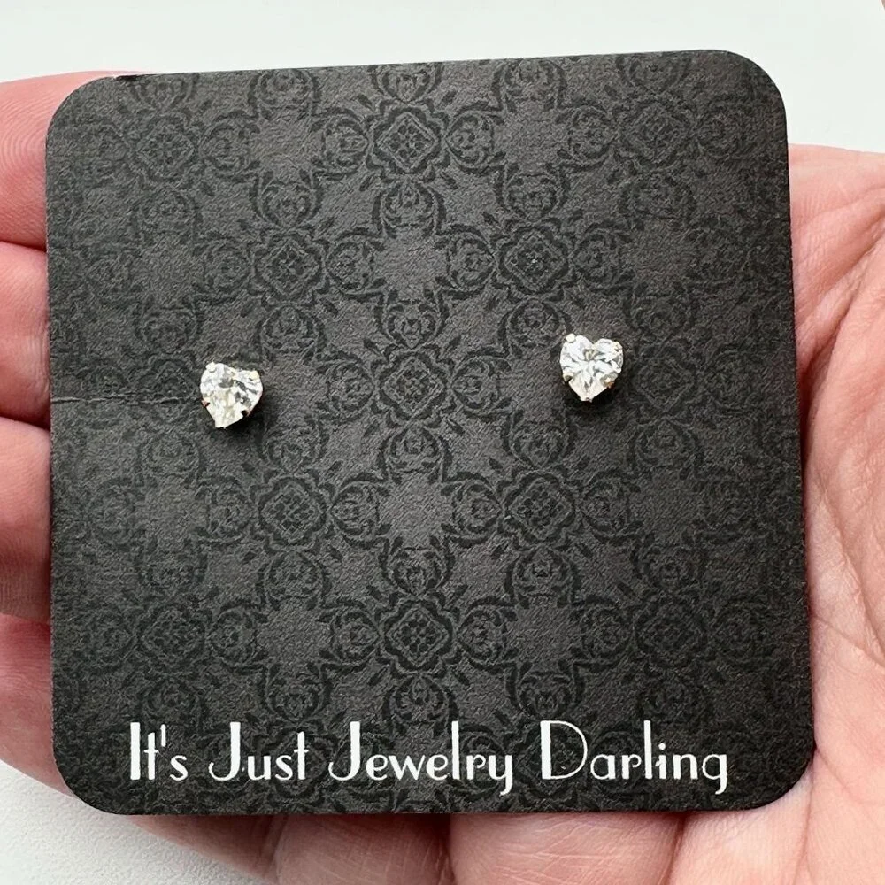 14K Gold Womens Earrings Pierced Cubic Zirconia Heart Studs Gift Idea for Her